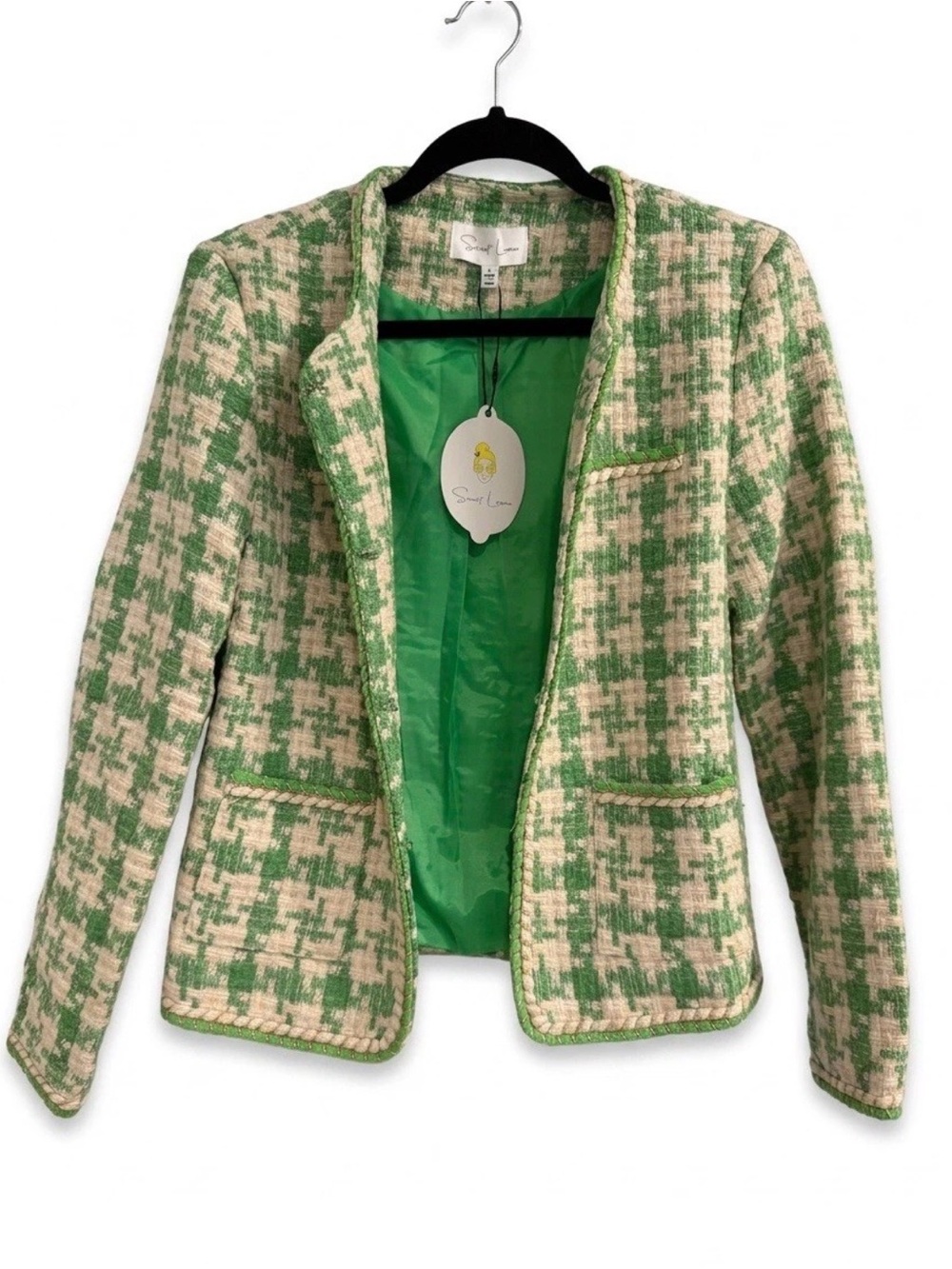 Sweet Lemon Green Houndstooth Tweed Jacket NWT Size L Blazer Gold Trim